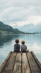 Two young boys sit on a wooden dock, their backs to the camera, as they gaze out at a vast, serene mountain lake. 