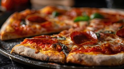 Close-up of a delicious pepperoni pizza with fresh basil leaves, served on a rustic metal tray, showcasing crispy crust and melted cheese.