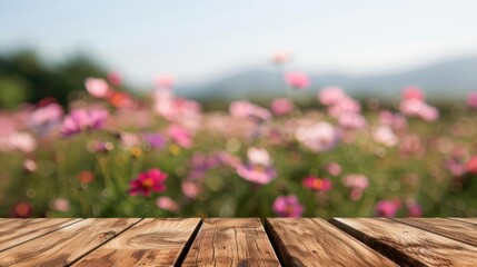 With copy space, the selected focus empty wooden table creates a supernatural scene, merging with the blur of a vibrant landscape showcasing a blooming flower field