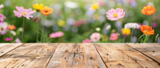 With copy space, the selected focus empty wooden table creates a supernatural scene, merging with the blur of a vibrant landscape showcasing a blooming flower field