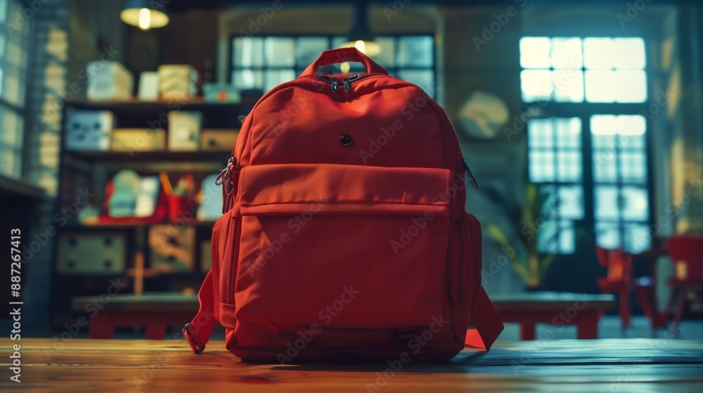 Poster red school backpack with stationery on desk in classroom : generative ai