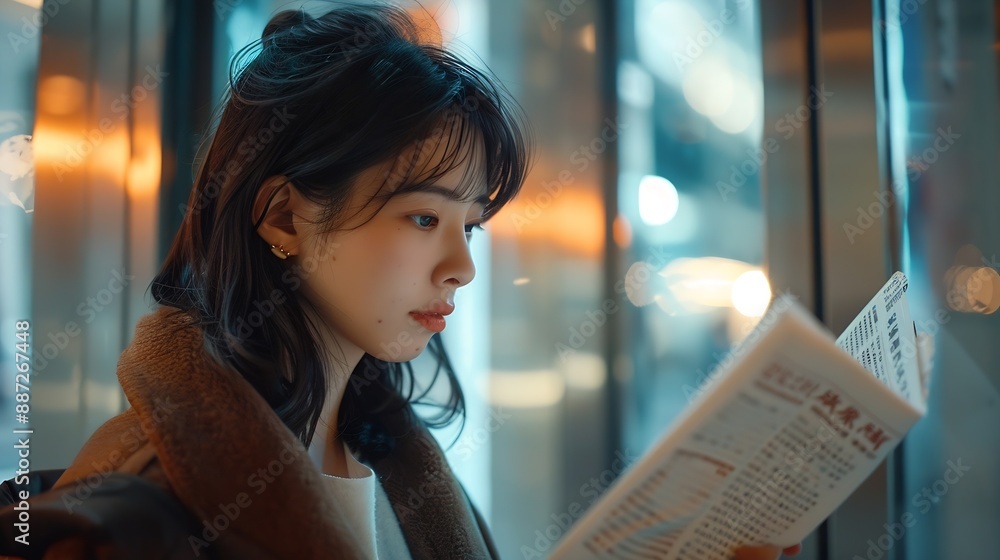 Poster a woman reads an advertisement for a new product on an elevator screen the woman is intrigued by the