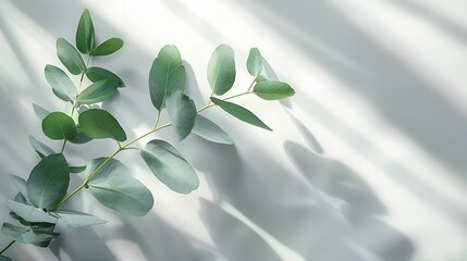 Obraz premium Green eucalyptus branch with beautiful shadows on empty light grey background Backdrop for product presentation Beauty cosmetic advertising display mockup Minimal still life Front view : Generative AI