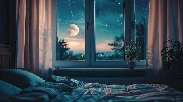 Bedroom with a large window showcasing rain outside at night, creating a cozy and tranquil atmosphere indoors.
  Seamless looping 4k time-lapse virtual video animation Generated AI