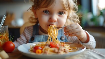 Adorable toddler girl eat pasta spaghetti with tomato bolognese with minced meat Happy preschool child eating fresh cooked healthy meal with noodles and vegetables at home indoors : Generative AI