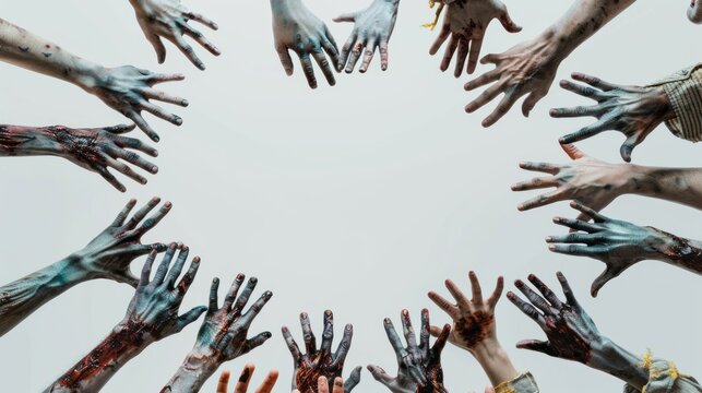 Numerous zombie hands, stained with a ghastly blue and red, reach out towards the viewer from a circle formation against a white backdrop