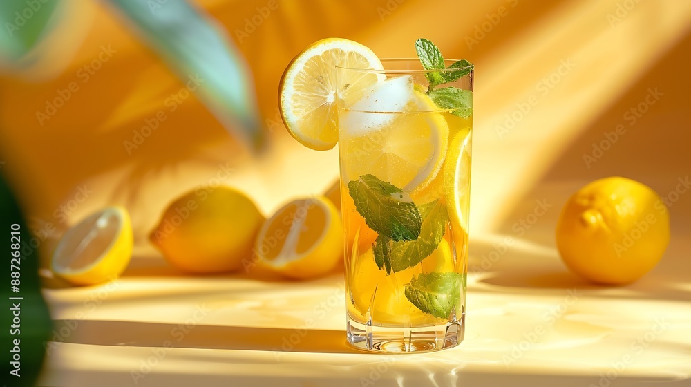 Aufkleber Iced drink with lemon mint in a glass on a on a light background with shadow and citrus fruits The concept of a cold tea or lemonade on a hot summer day Front view : Generative AI