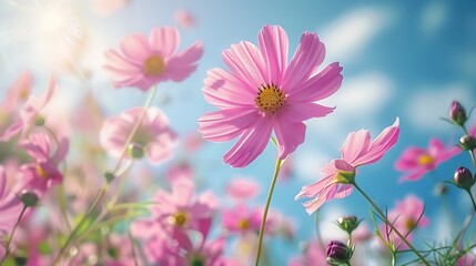 Pink cosmos flowers with blue sky in garden : Generative AI