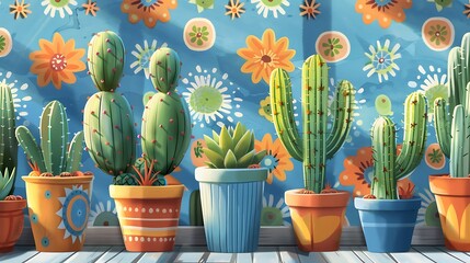 Cactus Collection Against a Whimsical Floral Background