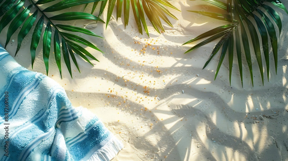 Poster summer pastel background top view beach towel on sand shadow of palm leaf sunlight summer beach day 