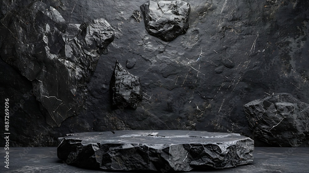 Poster rock stone podium background stand black scene display product with material dark gray wall room stu
