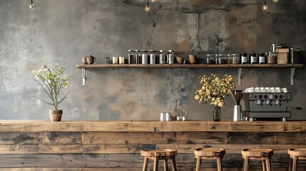 Seat and wooden counter with coffee equipment on counter bar and wooden shelf on rough cement wall design for cafe or home : Generative AI