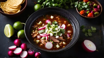 arafed bowl of soup with meat, beans, radishes, and tortillas