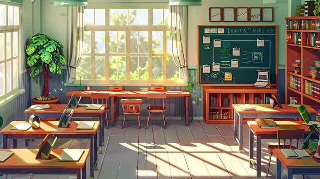 Empty school, fun elementary school children. with open window shades. 4K virtual video motion.