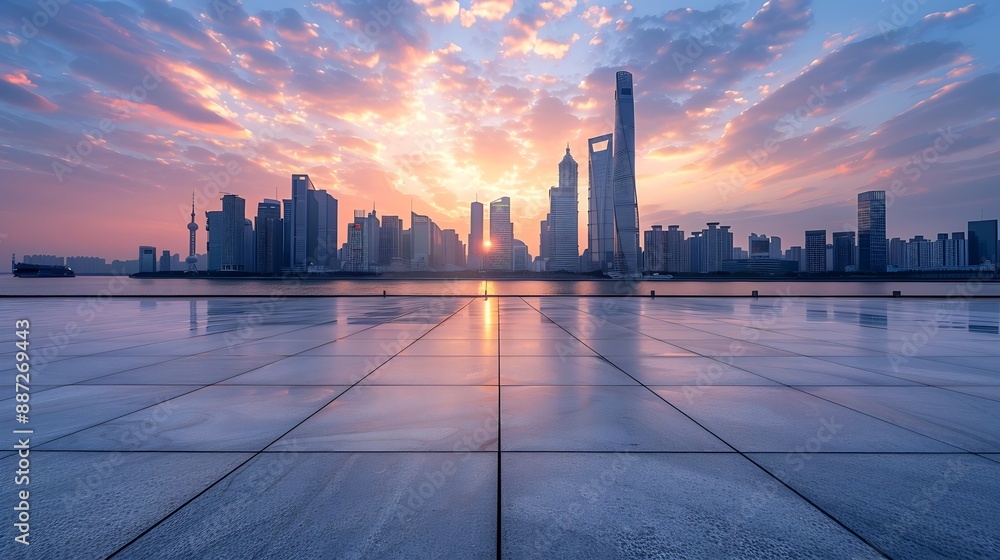 Poster empty square floors and city skyline with modern buildings at sunset in suzhou jiangsu province chin