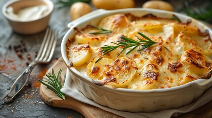 Potato gratin  graten baked potatoes with cream and cheese with rosemary and forks Turkish name Kremali patates : Generative AI