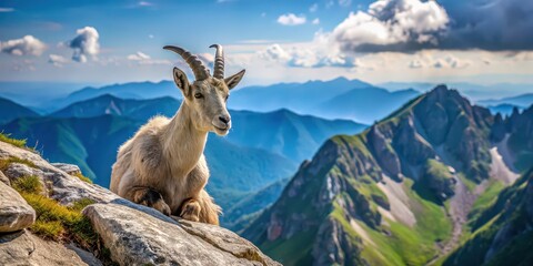 Obraz premium Mountain goat crouched on a rock in sunny summer day with mountain landscape in background, mountain, goat, rock, sunny