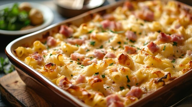 Austrian Baked Ham Cheese and Noodle Casserole closeup on the baking dish on the table Horizontal : Generative AI