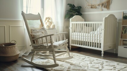 Stylish baby room interior with crib and rocking chair : Generative AI