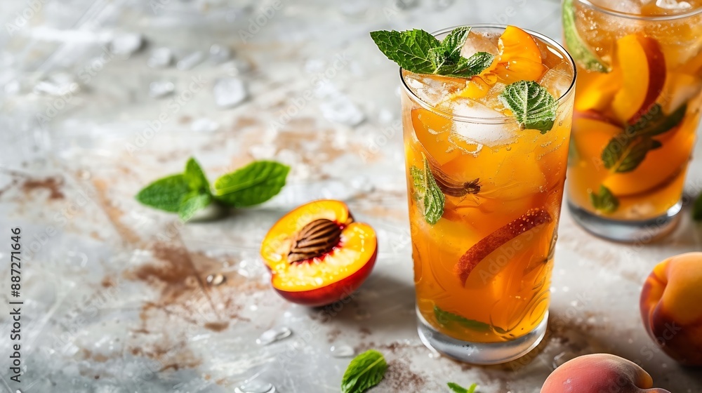 Aufkleber refreshing peach iced mint tea the concept of a healthy homemade cold summer drink in a tall glass o