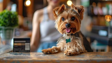 Female staff member paying the bill at a dog salon with a credit card : Generative AI