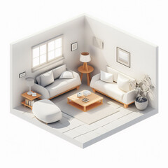 Minimalist style living room, cutaway isometric low poly art, 3d with blender, no white background.[A-0002]