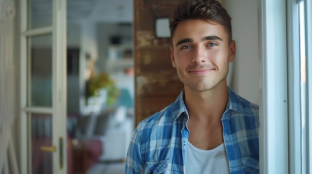 Portrait of cheerful man welcoming inviting visitor to enter his home happy young guy standing in doorway of modern apartment millennial male holding door looking out showing living ro : Generative AI