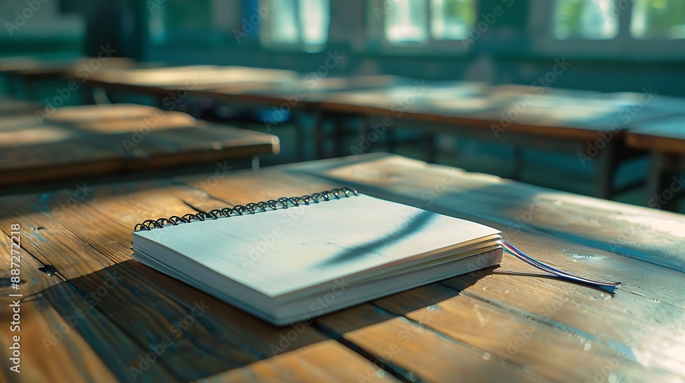 Aufkleber Notebooks on wooden desk in empty classroom : Generative AI