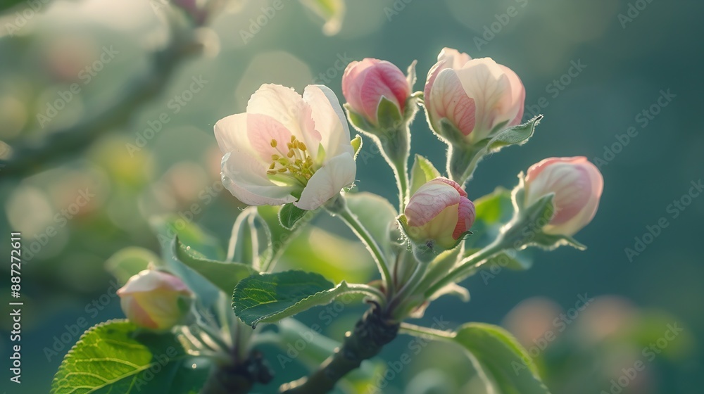 Poster apple flower buds in bloom signaling the arrival of spring the apple tree blossoms with the beauty o