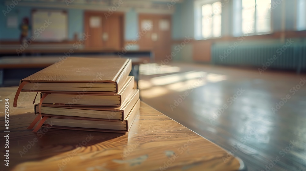 Aufkleber Stack of notebooks on wooden desk in empty classroom : Generative AI
