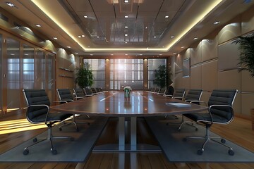 3D Render of a Modern Meeting Room with a Large Table and Chairs