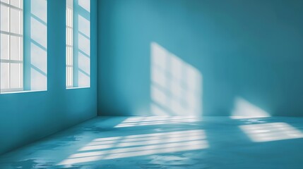 Obraz premium Minimalistic abstract light blue background with shadow and light from windows on the wall product presentation concept : Generative AI