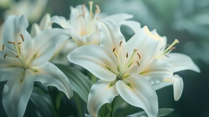 Fototapeta premium Flowers heads of white lilies Floral mock up Mourning or funeral background : Generative AI