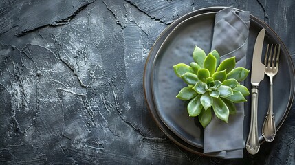 Top view of elegant minimalist table setting featuring a simple ceramic plate silver cutlery wrapped in a grey napkin and a small succulent plant adding a touch of greenery : Generative AI