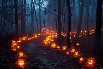 Obraz premium A mysterious forest path with glowing jack-o'-lanterns creating an eerie Halloween atmosphere