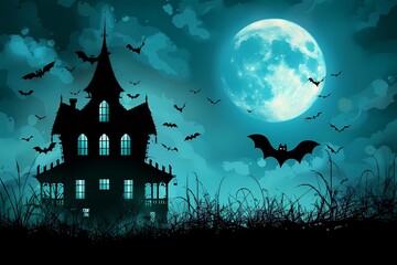 Spooky haunted house with glowing windows, full moon, bats flying, and foggy night.