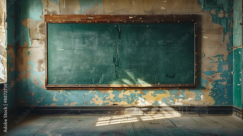 Poster Three section green felt tack board on wall of old empty classroom in deserted abandoned school : Generative AI