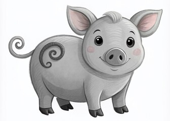 Fototapeta premium Adorable pink pig with curly tail and floppy ears stands on white background, looking directly at camera with cute and curious expression.