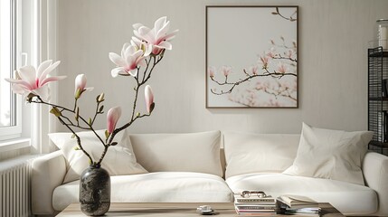 Aesthetic composition of spring living room interior with mock up poster frame boucle sofa wooden coffee table black rack books vase with magnolia and personal accessories Home decor T : Generative AI