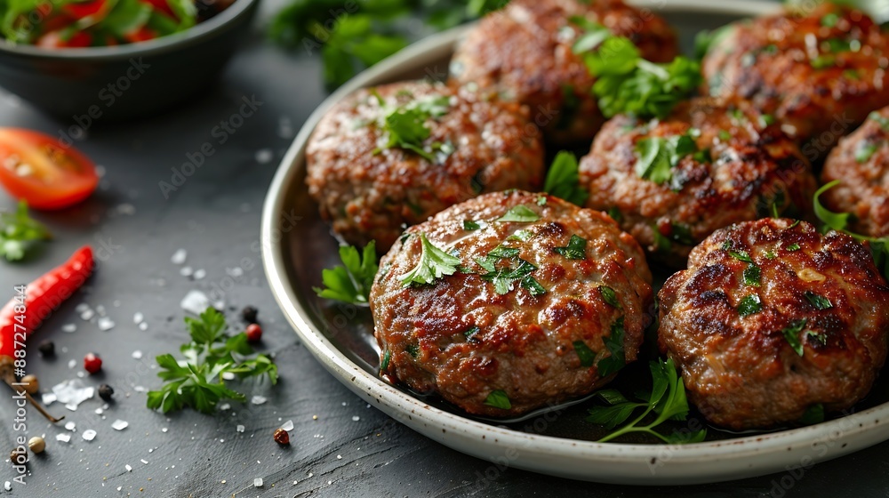 Poster delicious minced pork and beef cutlets on plate over light background comfort food top view flat lay