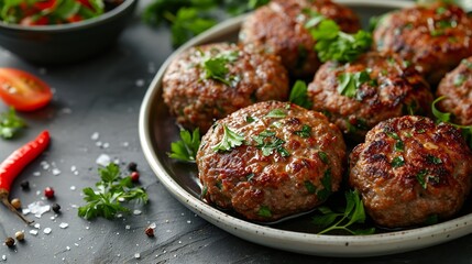 Delicious minced pork and beef cutlets on plate over light background Comfort food Top view flat...