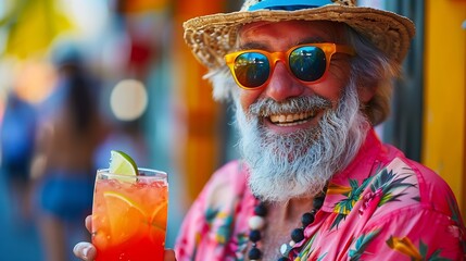 Grandfather portraits on colored backgrounds Old man with hawaiian shirt celebrating on vacation and drinking  tropical cocktails : Generative AI