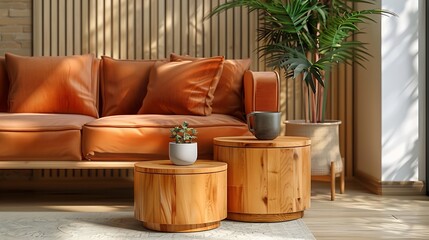 Wooden nesting tables near houseplant and armchair in room Interior design : Generative AI