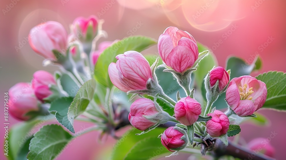 Poster apple flower buds in bloom signaling the arrival of spring the apple tree blossoms with the beauty o