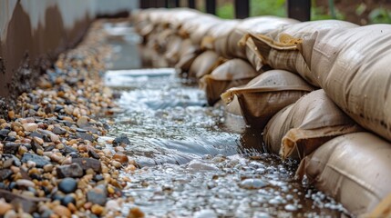 View of sandbags gravel blocking storm drain in industrial water filtration