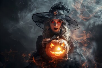Witch holding glowing jack-o'-lantern in swirling fog, spooky Halloween setting.