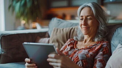 Happy mature older woman using digital tablet sitting on couch at home Smiling middle aged 45 years old woman looking away at copy space holding tab computer relaxing on sofa in living : Generative AI