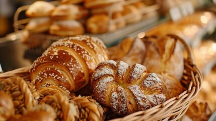 Closeup of a variety of freshly baked brown bakery items fragrant delicious homemade nutritious and healthy In a basket on the kitchen floor : Generative AI