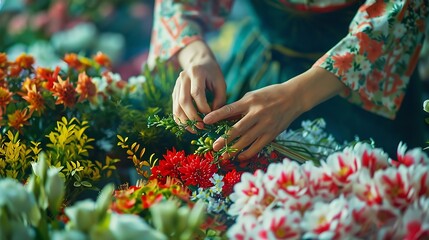 Detail of hands making flower arrangement outdoor ikebana workshop different flower arrangements in progress : Generative AI