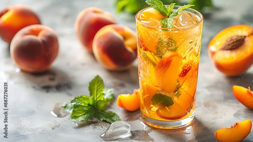 Aufkleber refreshing peach iced mint tea the concept of a healthy homemade cold summer drink in a tall glass o